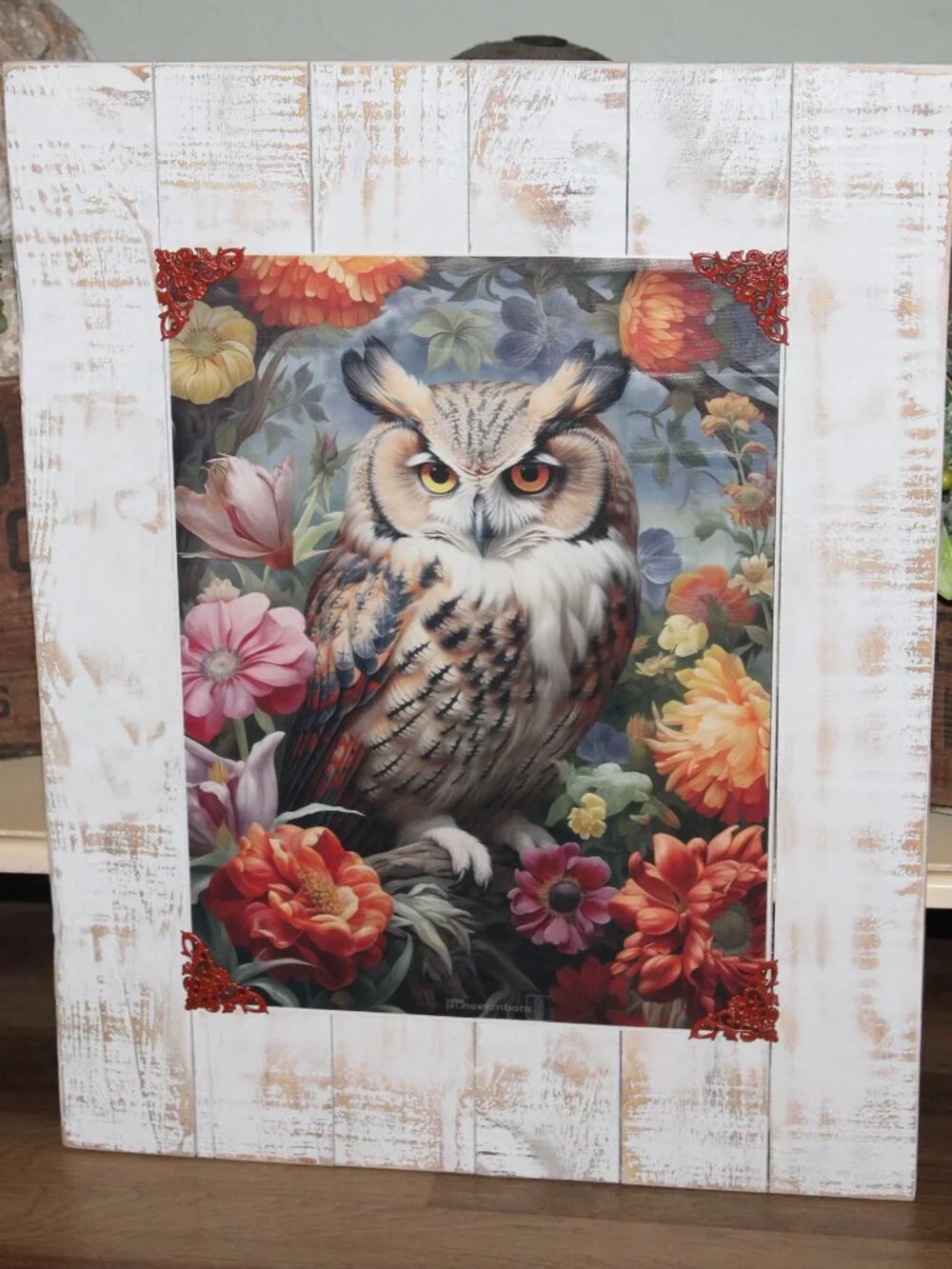 NEW Large Colorful Eclectic BOHO Farmhouse Owl & Floral Wall Decor Picture Art